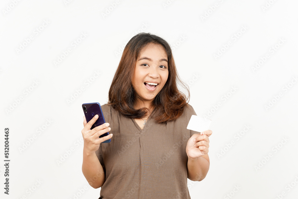 Holding Smartphone and credit card of Beautiful Asian Woman Isolated On White Background Holding Smartphone and credit card of Beautiful Asian Woman Isolated On White Background