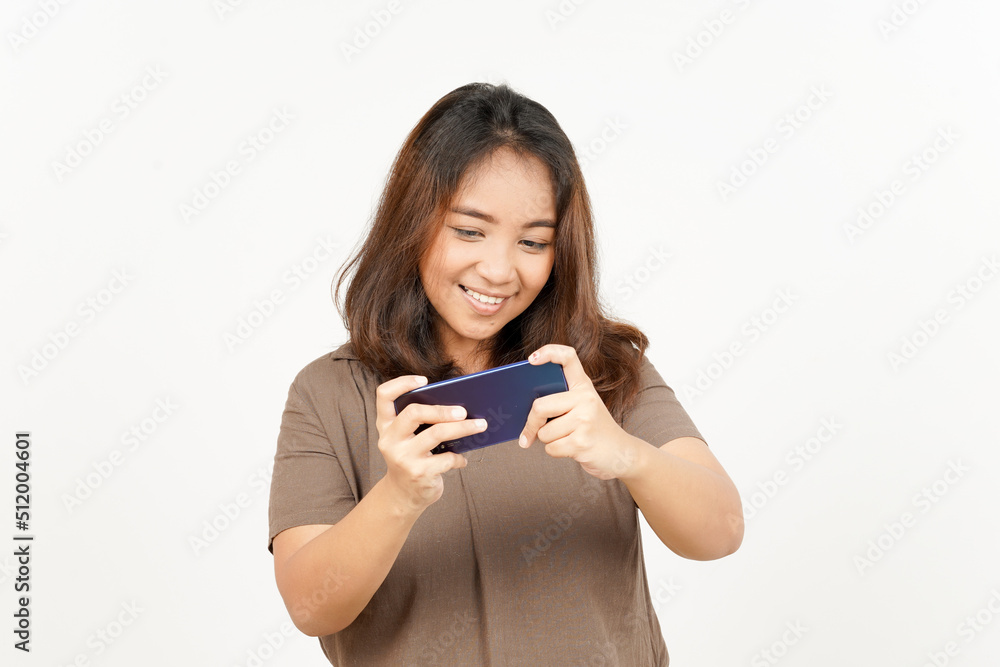 Playing Mobile Game on Smartphone of Beautiful Asian Woman Isolated On White Background Playing Mobile Game on Smartphone of Beautiful Asian Woman Isolated On White Background