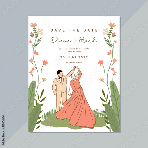 card wedding invitation with muslim couple illustration free vector