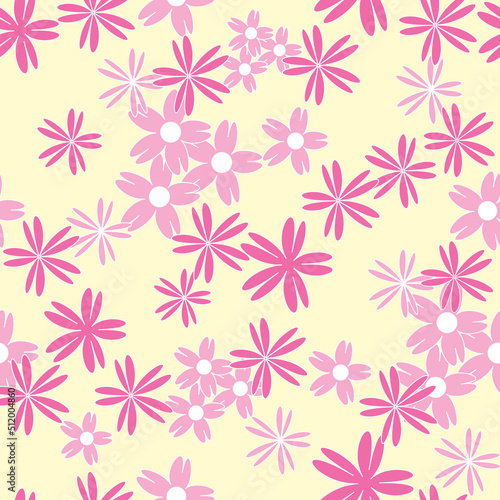 Vector yellow background white pink cherry tree flowers and cherry blossom sakura flowers. Seamless pattern background