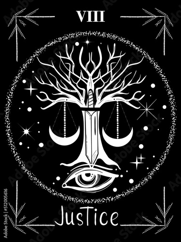 Justice hand drawn tarot card. Vector illustration with tree and scales. Witchcraft concept for tarot readers