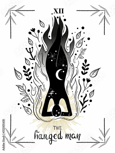 Hanged man hand drawn tarot card. Vector illustration with man stand on his head. Witchcraft concept for tarot readers