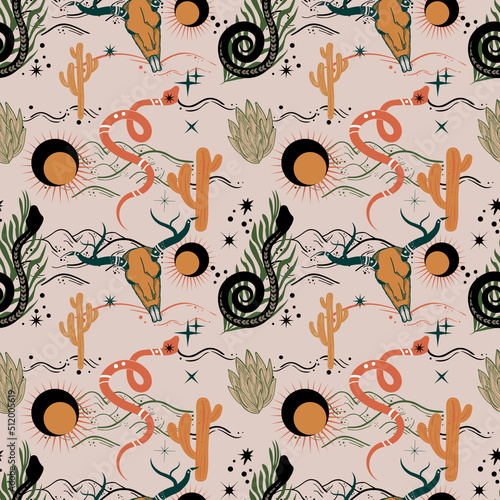 Bohemian hand-drawn seamless pattern with buffalo skull, snakes, desert and cactus. Arizona and wild west style.
