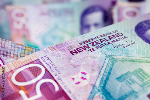 Close-up view of New Zealand banknotes.