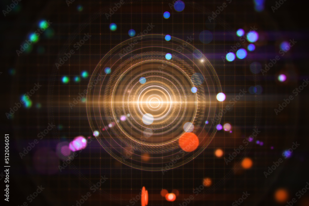 Blurry dark lens or round interface background with grid and blurry bokeh circles. Space, sci fi and flare concept. 3D Rendering. Blurry dark lens or round interface background with grid and blurry bokeh circles. Space, sci fi and flare concept. 3D Rendering.