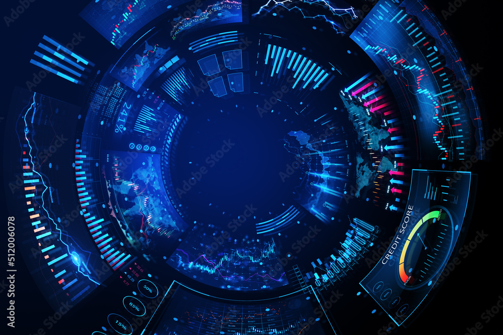 Financial analytics and monitoring data concept with abstract digital trading terminal interface on dark blue background. 3D rendering Financial analytics and monitoring data concept with abstract digital trading terminal interface on dark blue background. 3D rendering