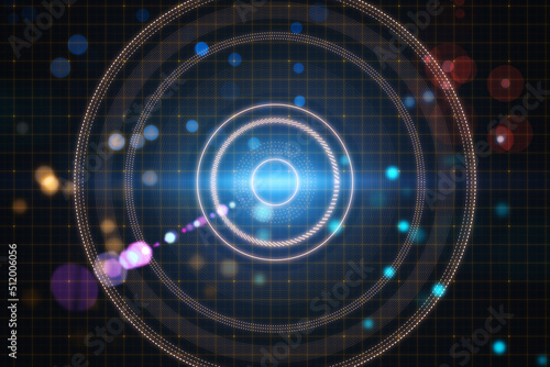 Abstract blurry dark lens or round interface backdrop with grid and blurry bokeh circles. Space, sci fi and flare concept. 3D Rendering.