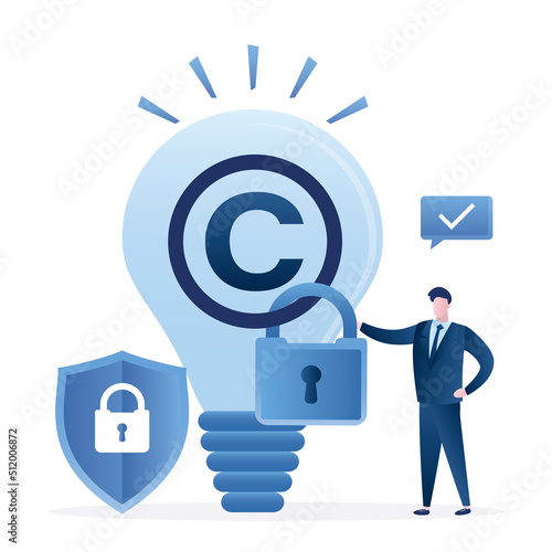 Big idea bulb with copyright sign. Businessman rights holder hangs padlock. Intellectual property, patent protection. Copyright reserved or product trademark that cannot copy.