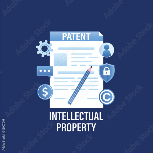 Intellectual property, patent and various signs. Patented protection, copyright reserved or product trademark that cannot copy. Author protect business ideas, copyrighting.