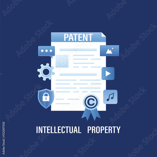 Intellectual property, patent and various signs. Patented protection, copyright reserved or product trademark that cannot copy. Author protect business ideas, licenses. Copyrighting.