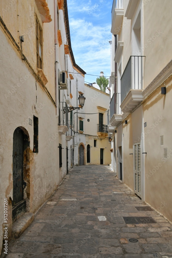 Obraz premium A narrow street between the old houses of Gallipoli, an old village in the province of Lecce in Italy.