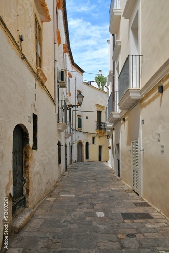 A narrow street between the old houses of Gallipoli, an old village in the province of Lecce in Italy. © Giambattista