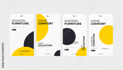 Versatile set of minimalistic furniture store assets, including roll-up banners, flyer posters, and social media story templates. Your furniture store's promotion just got a stylish upgrade!