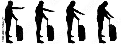 A man with a suitcase on wheels. Side view, profile. The guy holds his hand on the handle of his luggage, with his finger showing the direction forward, down, to the sides. Black silhouettes isolated