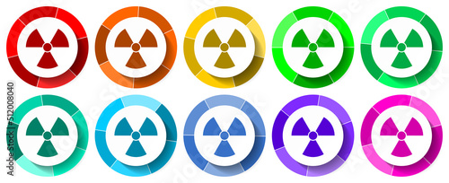 Nuclear icon set, radioactive flat design vector illustration in 10 colors options for mobile applications and webdesign