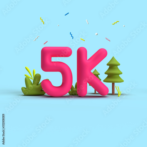 Illustration of 5k, 5000 followers thank you, 3d render minimal concept