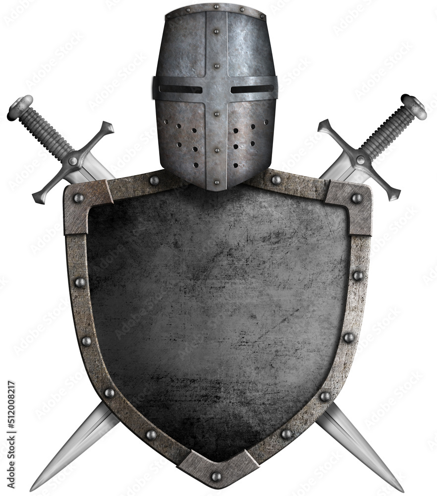medieval knight shield, helmet and crossed swords isolated 3d illustration - obrazy, fototapety, plakaty 