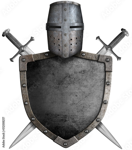 medieval knight shield, helmet and crossed swords isolated 3d illustration