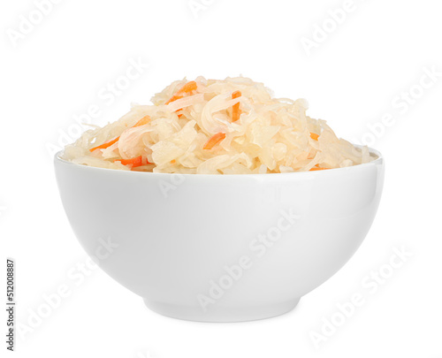 Bowl of tasty sauerkraut with carrot on white background