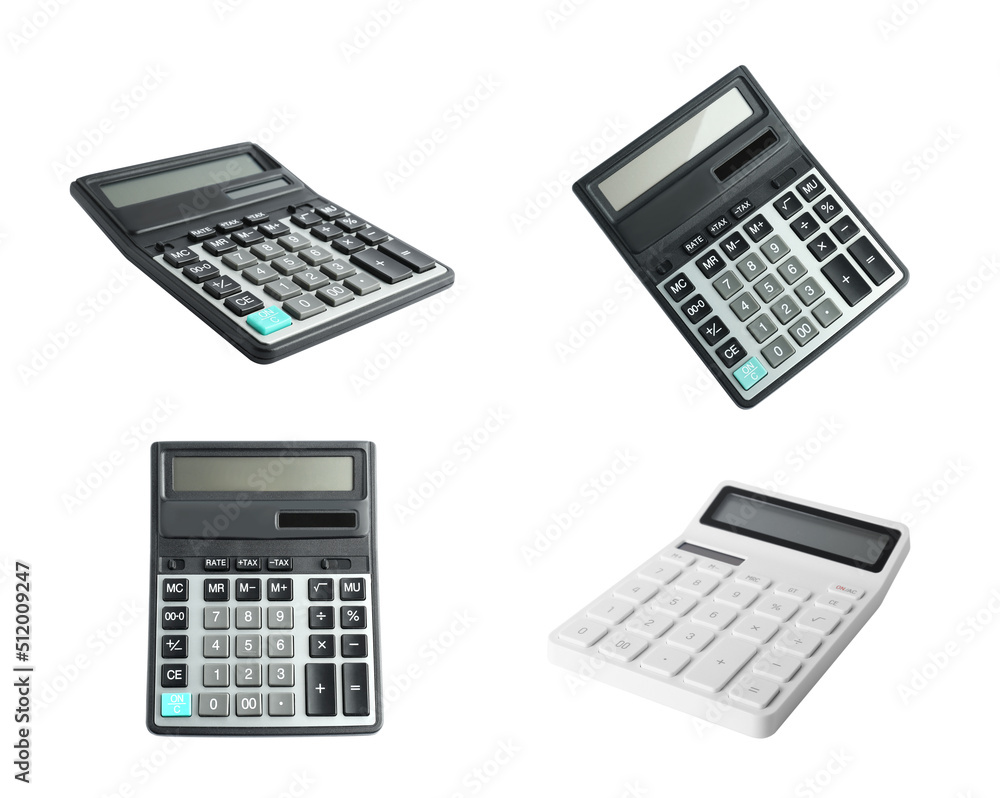 Set of different calculators on white background
