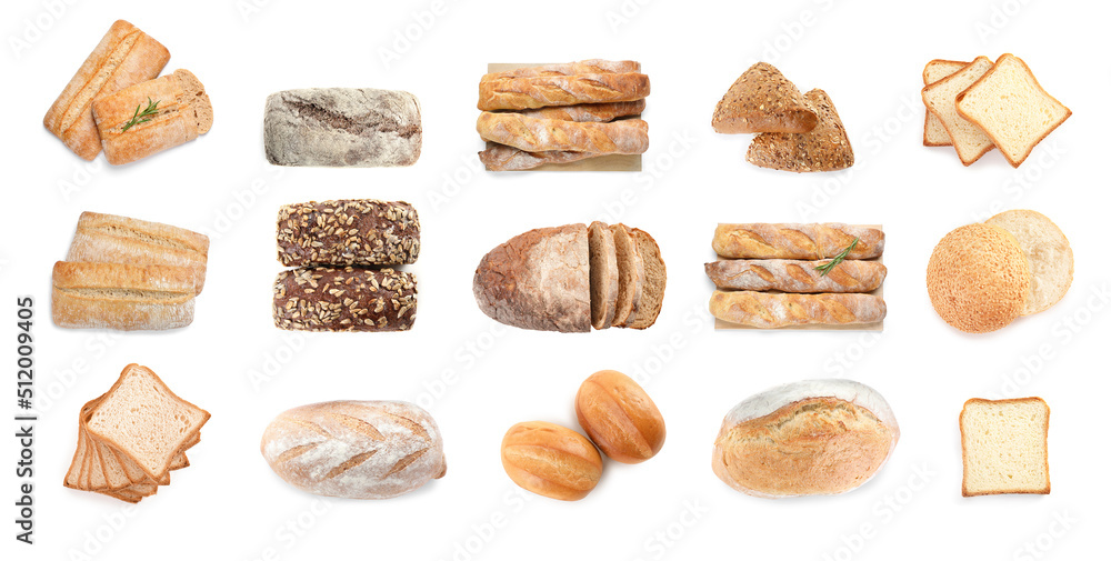Collage with different bread on white background, top view. Banner design Collage with different bread on white background, top view. Banner design