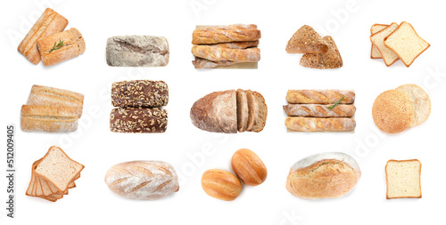 Collage with different bread on white background, top view. Banner design