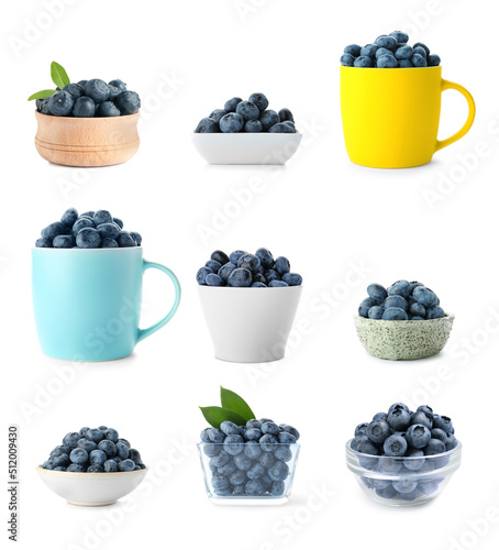 Set with fresh ripe blueberries on white background