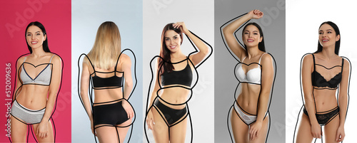 Collage with photos of slim young women wearing beautiful underwear on different color backgrounds, banner design. Illustrations of lines around ladies before weight loss