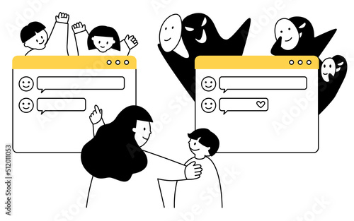 A vector illustration of a mom teaching her child not to choose a bad site.