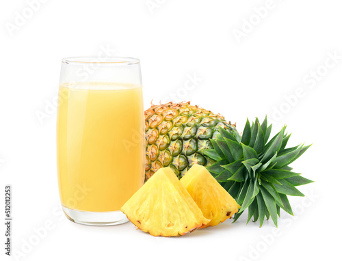 Pineapple juice with pineapple slices isolated on white background.