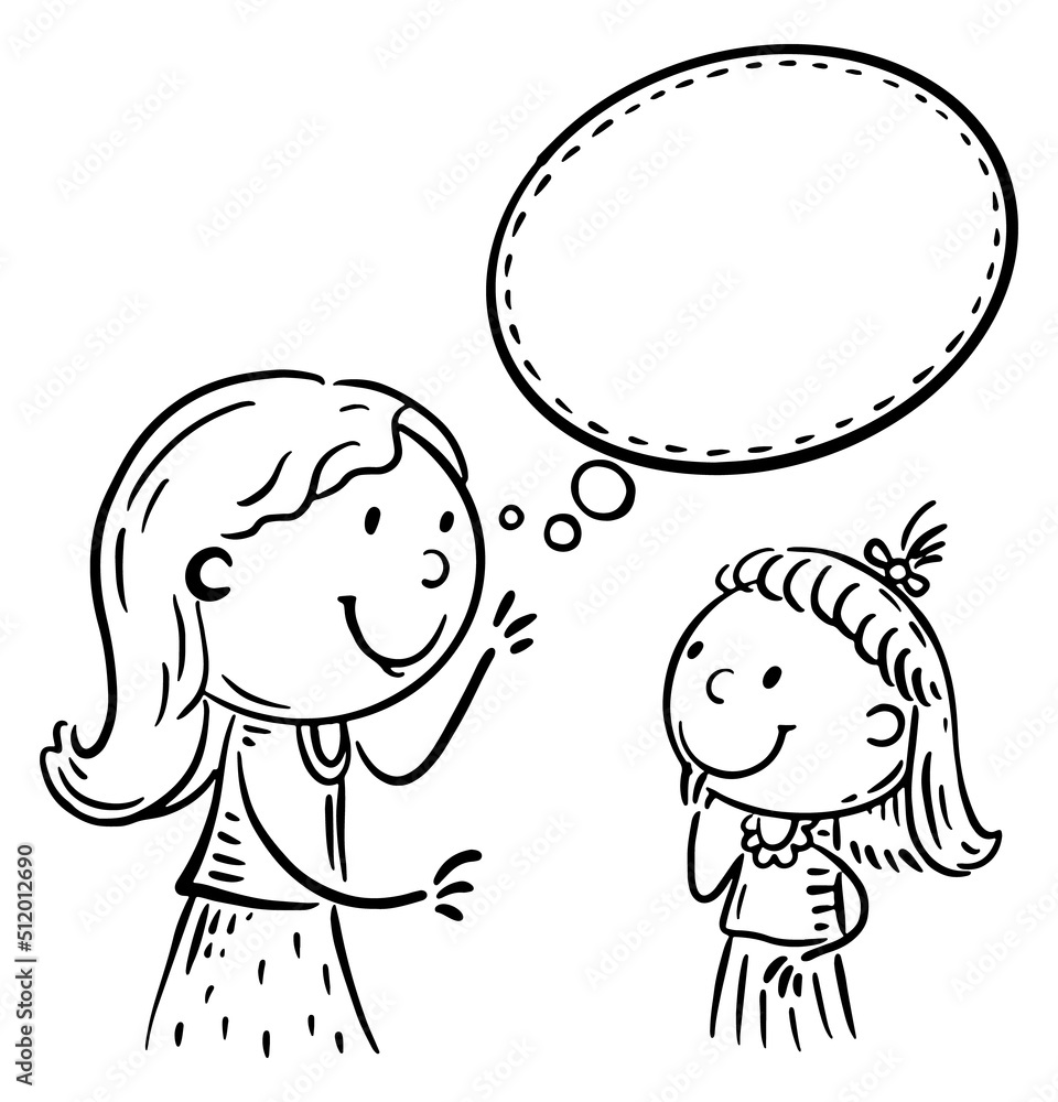Illustration of family scenes with speech bubbles, line drawing Illustration of family scenes with speech bubbles, line drawing