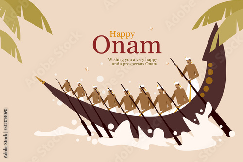 Onam greeting with traditional oarsmen rowing a snake boat during Onam festival.Onam is a festival in Kerala, India photo