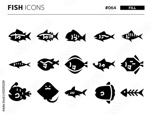 魚に関連する塗りつぶしスタイルのアイコンセット_064