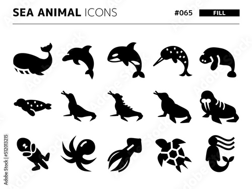 海獣に関連する塗りつぶしスタイルのアイコンセット_065