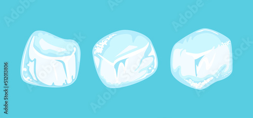 Cartoon ice cubes isolated on blue background. Vector illustration.