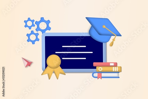 Vocational specialists graduating and diploma with graduation cap. Vocational education, trade school, professional learning, online vocational education concept. 3D modern vector illustration.