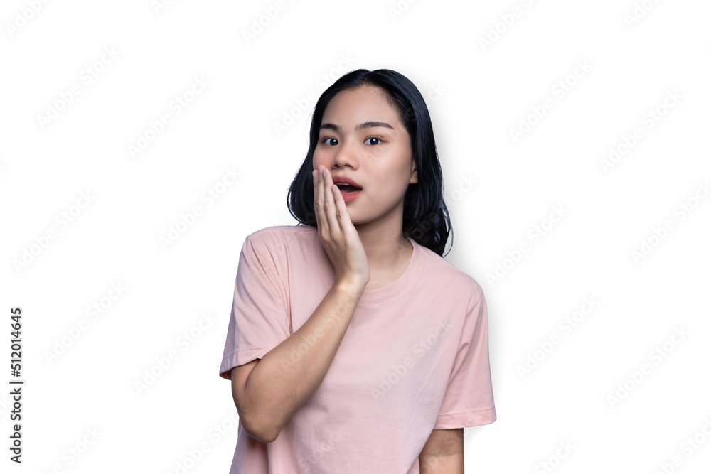 Close-up photo of an Asian woman standing excited, shocked Close-up photo of an Asian woman standing excited, shocked