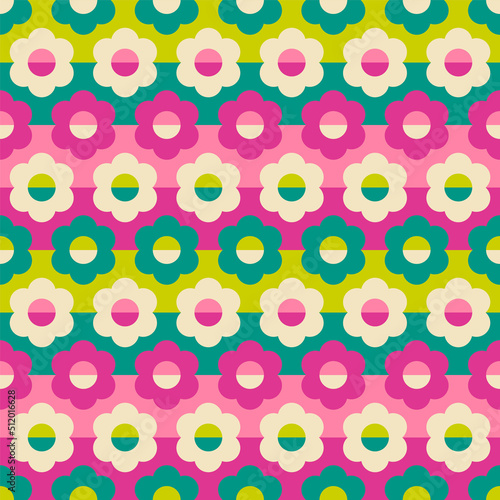 Retro geometric floral seamless pattern with striped background.