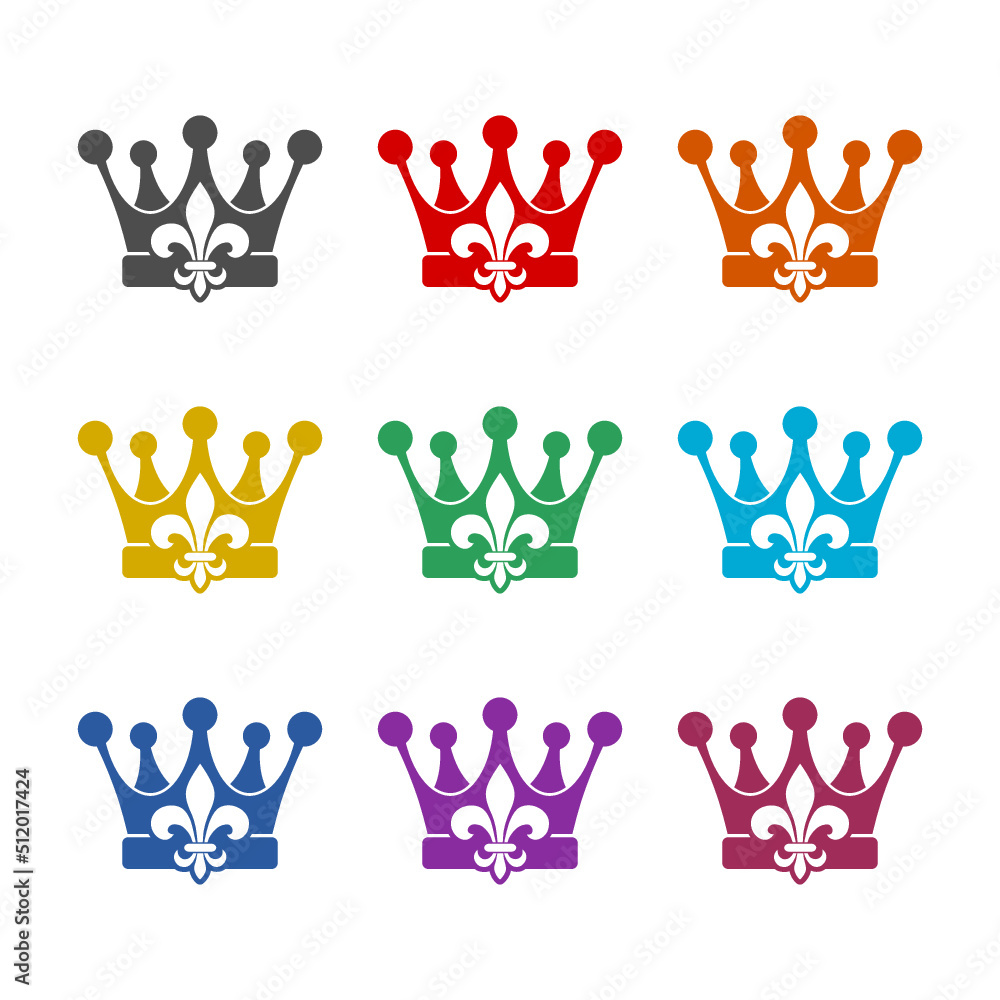 King crown icon isolated on white background. Set icons colorful King crown icon isolated on white background. Set icons colorful