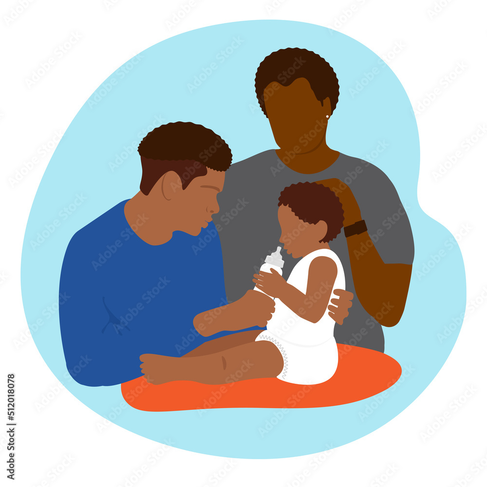 African American inclusive family with a child. Parental care for children. The father takes care of the child, feeds him with milk formula from a bottle. Parental responsibilities. Infant nutrition. African American inclusive family with a child. Parental care for children. The father takes care of the child, feeds him with milk formula from a bottle. Parental responsibilities. Infant nutrition.