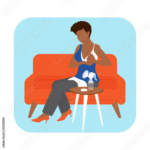 African American mom expression with a breast pump. Lactation, breastfeeding woman. Business mother. Vector illustration