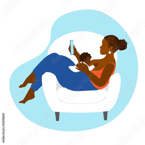 Happy African American mother with baby on her chest. Relaxed baby feeding posture. Breastfeeding. Support Week in August 1 - 7. Online consultation. Black mom with smartphone. Vector illustration.
