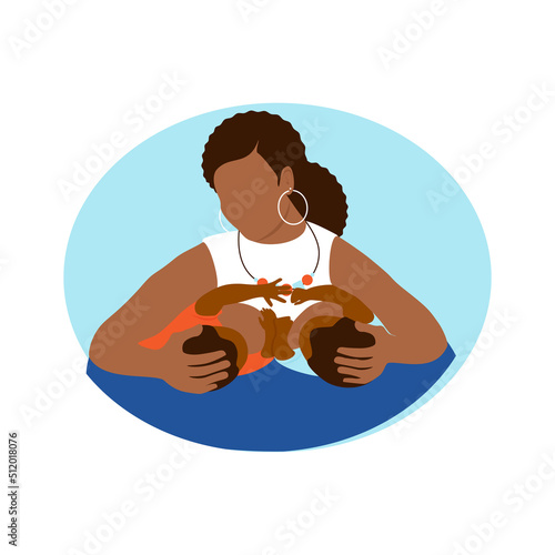 African American Mom breastfeeds two twins at the same time. Pose for feeding kids. Motherhood, two black newborn children.  Support with breastfeeding. Vector illustration