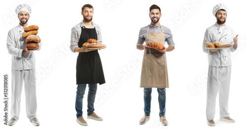 Set of bakers with fresh bread isolated on white