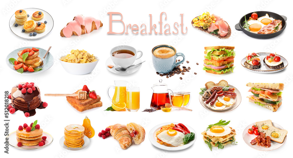 Collection of tasty breakfasts on white background Collection of tasty breakfasts on white background