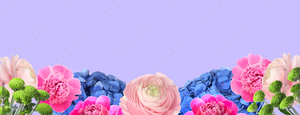Beautiful different flowers on lilac background with space for text. Banner for design