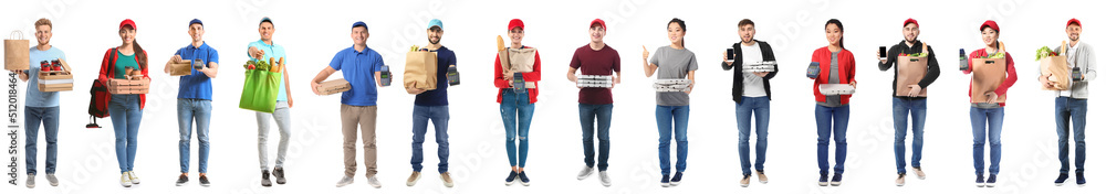 Set of couriers of food delivery service on white background