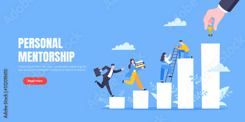 Business mentor helps to improve career and holding stairs steps vector illustration. Mentorship, upskills, climb help and self development strategy flat style design business concept.