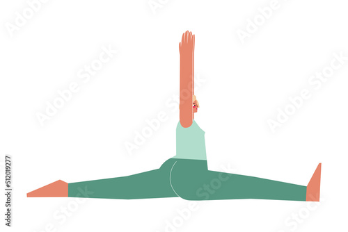 Vector isolated illustration with flat female character. Sportive exercise - Monkey Pose. Strong woman learns Seated posture Hanumanasana at yoga class.