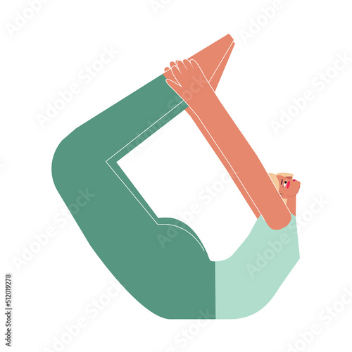 Vector isolated illustration with flat female character. Sportive exercise - Bow Pose. Strong woman learns chest-opening posture Dhanurasana at yoga class.